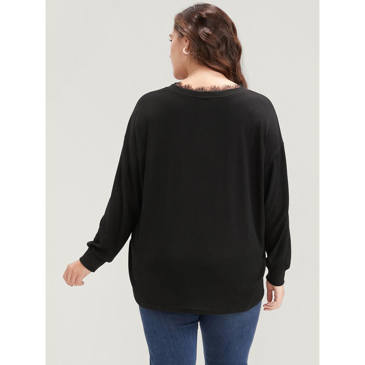 Plus Size Solid V Neck Lace Trim Drop Shoulder Sweatshirt Women Black Elegant Lace V-neck Dailywear Sweatshirts BloomChic 12/L Product Image