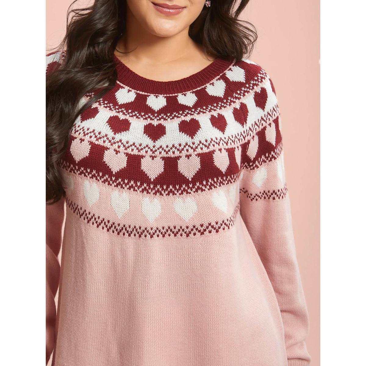 Plus Size Round Neck Heart Jacquard Ribbed Pullover Nudepink Women Casual Loose Long Sleeve Round Neck Everyday Pullovers BloomChic 22-24/3X Product Image