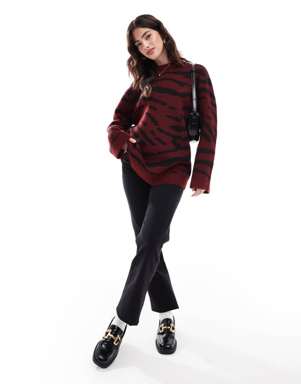ASOS DESIGN crew neck sweater in burgundy zebra print Product Image