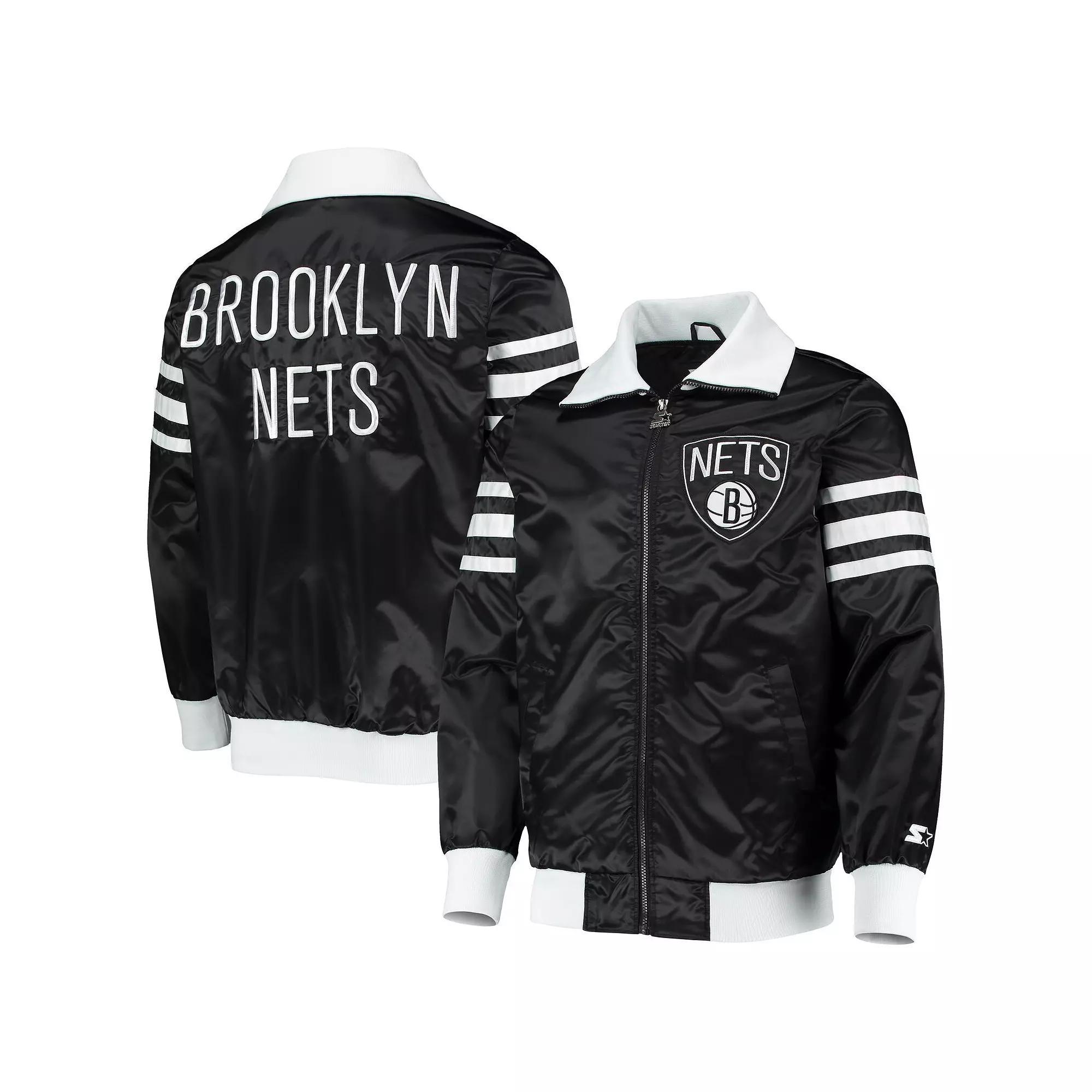 Men's Starter Black Brooklyn Nets The Captain II Full-Zip Varsity Jacket, Size: Large Product Image