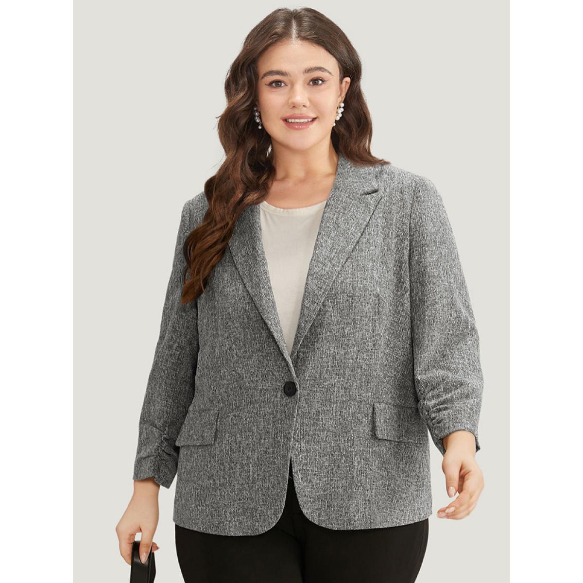 Plus Size Coarse Tweed Ruched Cuffs Flap Pocket Blazer DimGray Women Work Plain Texture Sleeve Long Sleeve Suit Collar 26/4X At the Office Blazers BloomChic Product Image