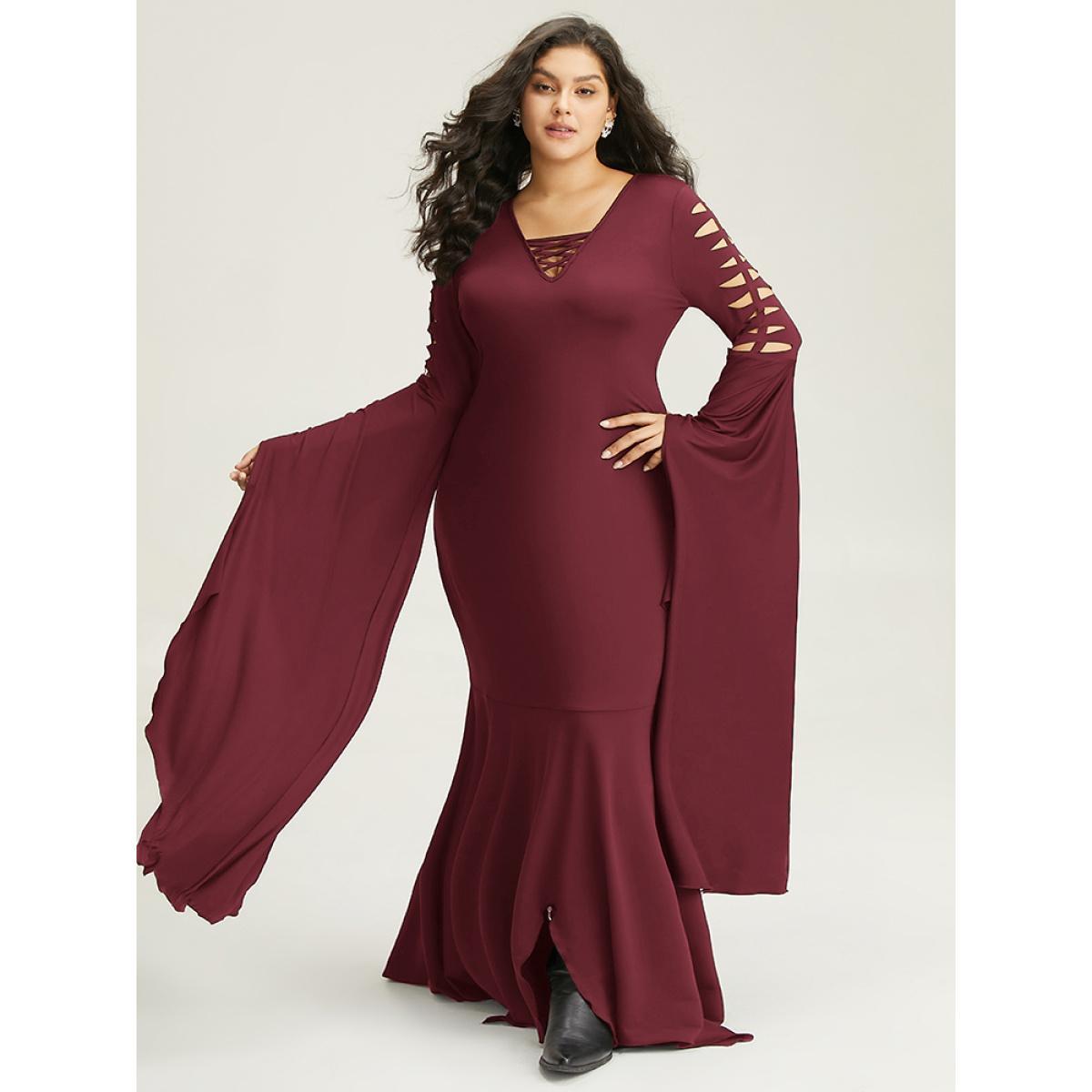 Plus Size Halloween Ripped Extra Long Sleeve Dress Burgundy Women Elegant Plain V-neck Extra Long Sleeve Curvy Maxi Dress BloomChic 28/5X Product Image