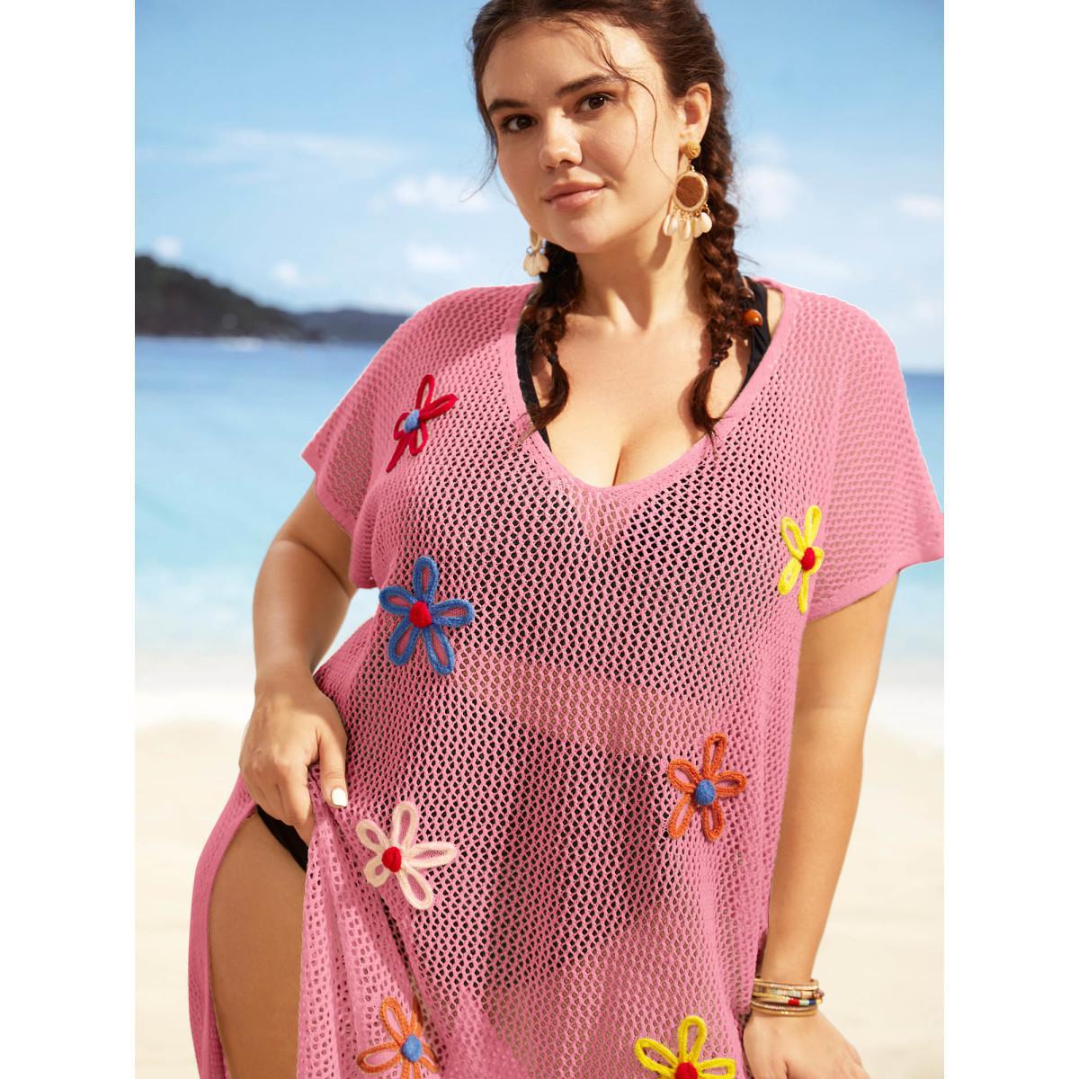 Plus Size Stereo Flower Design Slit Hem Swim Cover Up Women's Swimwear Watermelon Beach Loose Crochet Curve Swim Cover Ups BloomChic 28/5X Product Image