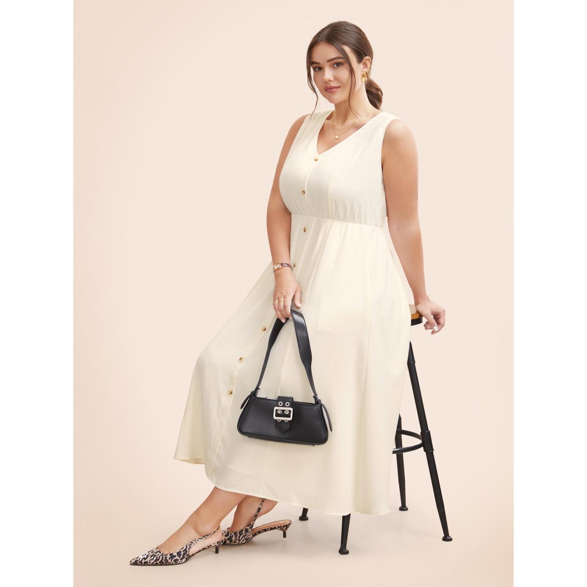 Plus Size V Neck Button Detail Sleeveless Dress Ivory Women At the Office Button V-neck Sleeveless Curvy BloomChic 22-24/3X Product Image