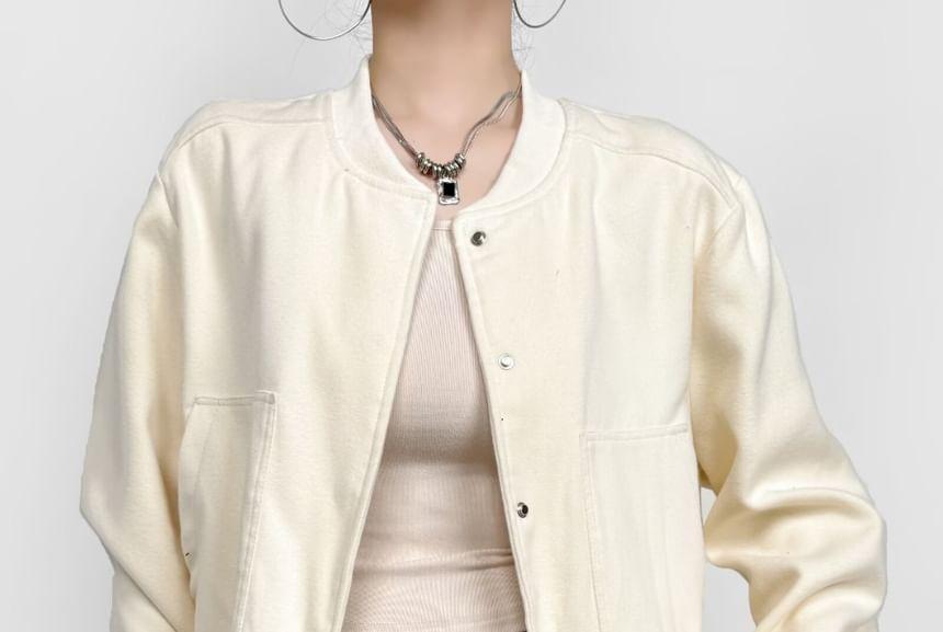 Stand Collar Plain Button-Up Crop Jacket Product Image