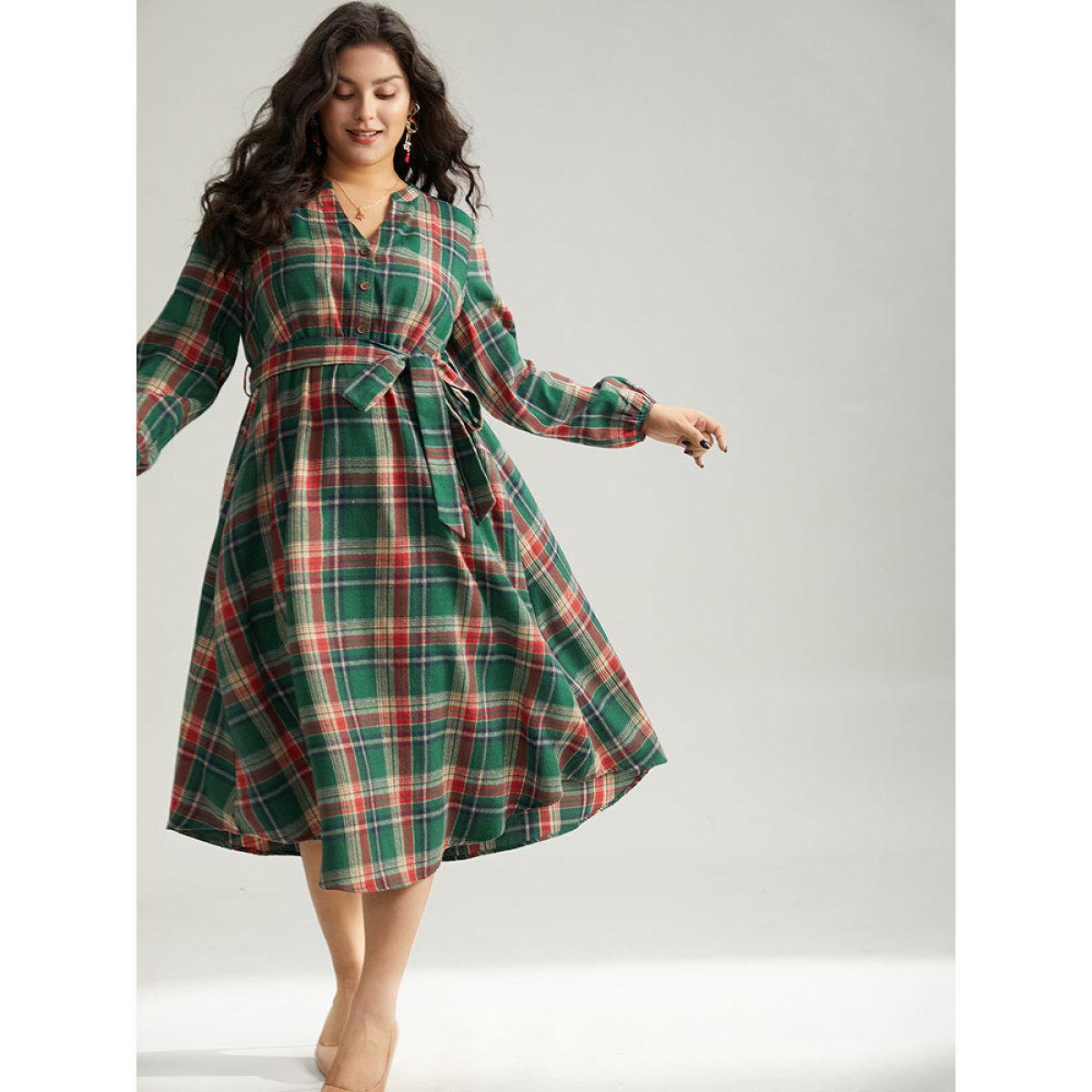 Plus Size Plaid Notched Belted Pocket Curved Hem Dress Emerald Women Office Elastic cuffs Notched collar Long Sleeve Curvy Midi Dress BloomChic 30/6X Product Image