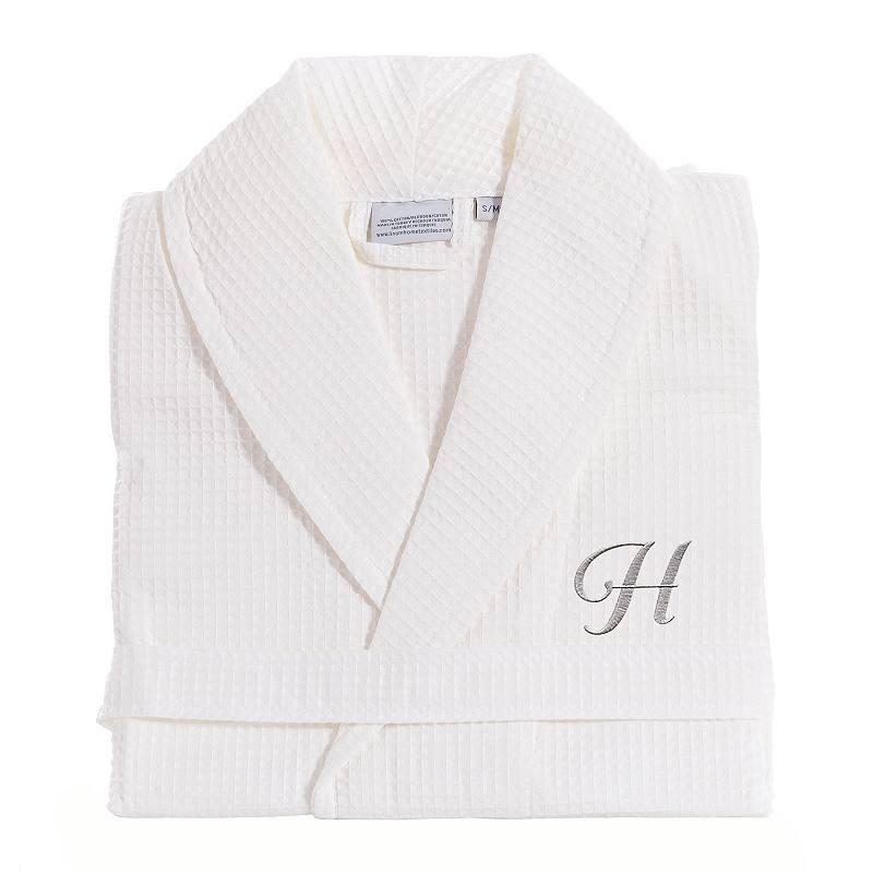Linum Home Textiles Turkish Cotton Personalized Waffle Weave Bathrobe, Women's, Size: Large/XL, White Gray F Product Image