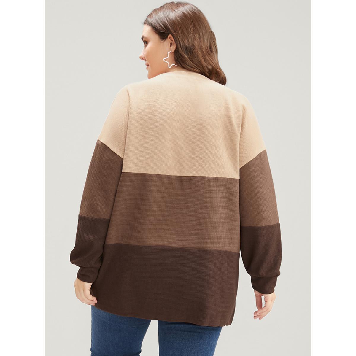 Plus Size Colorblock Contrast Round Neck Drop Shoulder Sweatshirt Women Tan Casual Patchwork Round Neck Dailywear Sweatshirts BloomChic 30/6X Product Image
