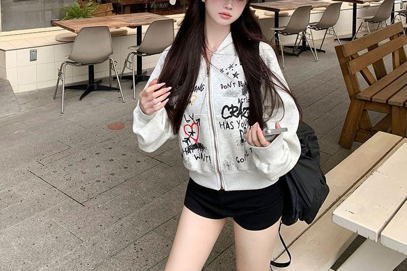 Lettering Print Zip-Up Crop Hoodie Product Image