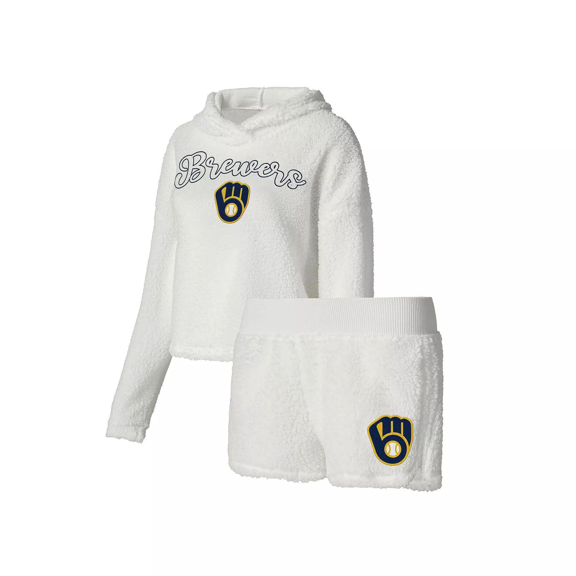Women's Concepts Sport Cream Milwaukee Brewers Fluffy Hoodie Top & Shorts Sleep Set, Size: Medium, Beige Product Image
