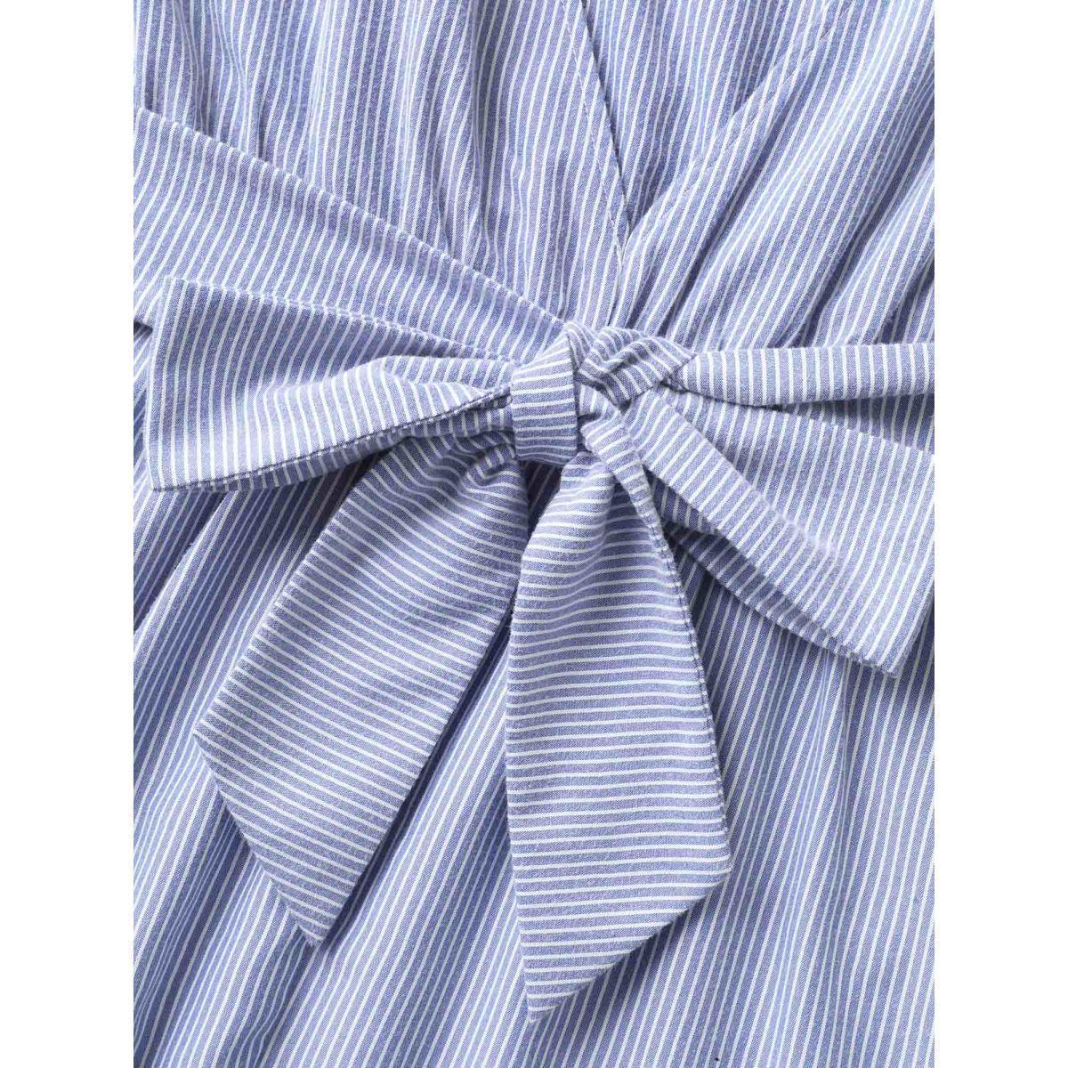 Plus Size LightBlue Backless Bow Tie Stripe Print Cinched Blouse Women Half Sleeve Boat Neck Everyday-Casual Blouses BloomChic 18-20/2X Product Image