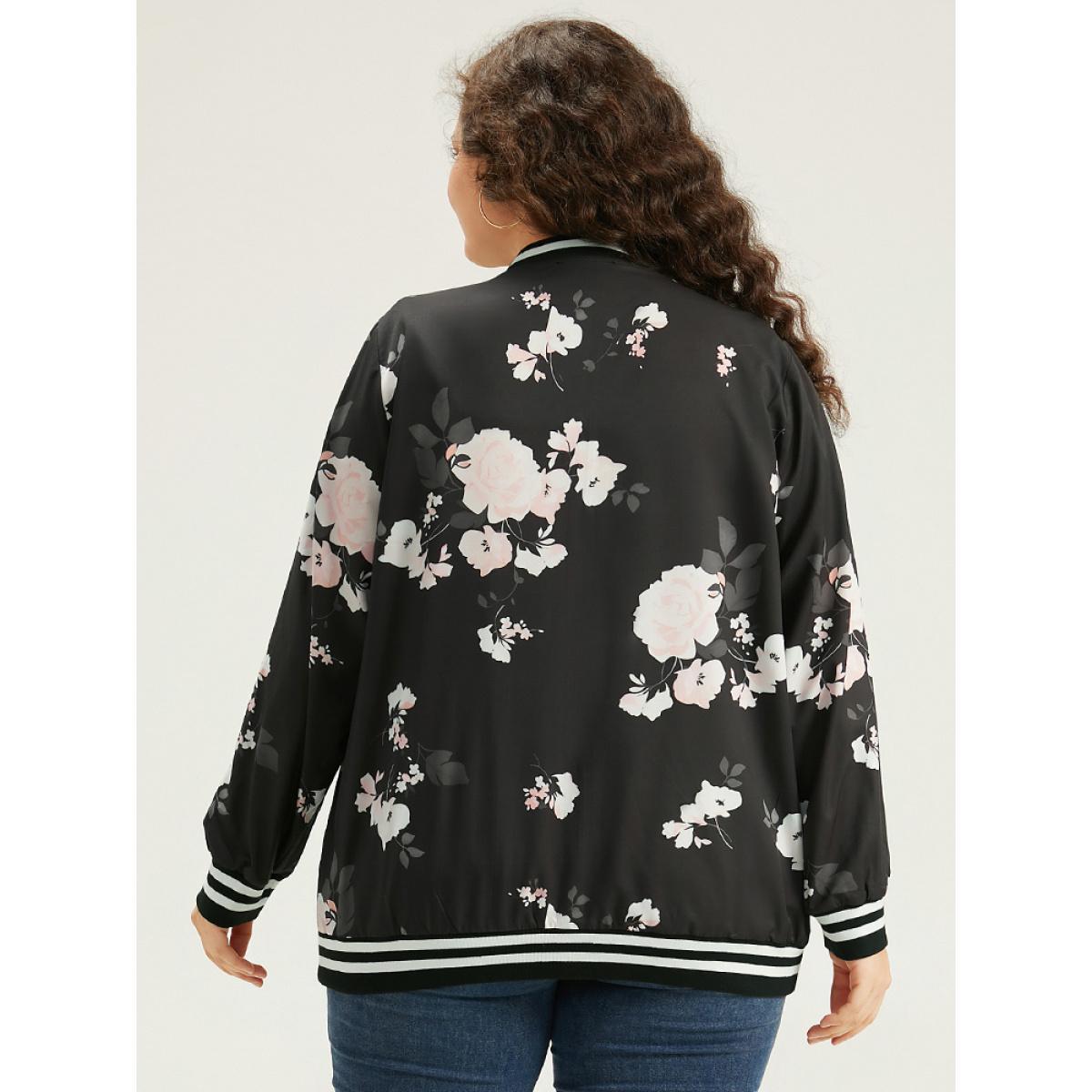 Plus Size Floral Contrast Trim O Ring Zipper Jacket Women Black Elastic cuffs Dailywear Jackets BloomChic 18-20/2X Product Image