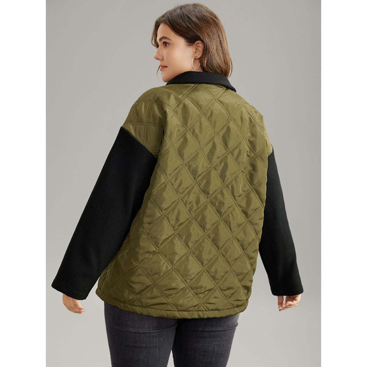 Plus Size Contrast Patchwork Quilted Button Up Jacket Women ArmyGreen Casual Texture Ladies Dailywear Winter Coats BloomChic 30/6X Product Image