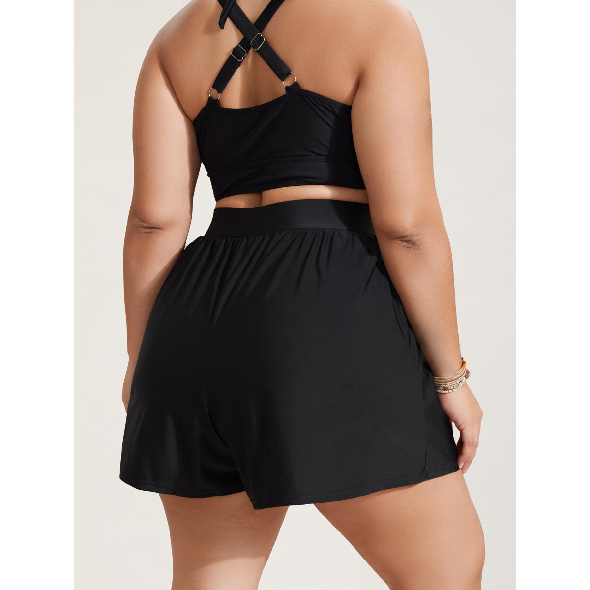 Plus Size High Waisted Pockets Solid Pleated Swim Bottom Women's Swimwear Black Beach Gathered High stretch Bodycon High Rise Slanted pocket Curve Swim Bottoms BloomChic 28/5X Product Image