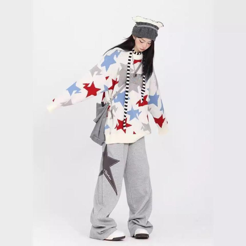Low Waist Star Print Loose-Fit Wide-Leg Sweatpants Product Image