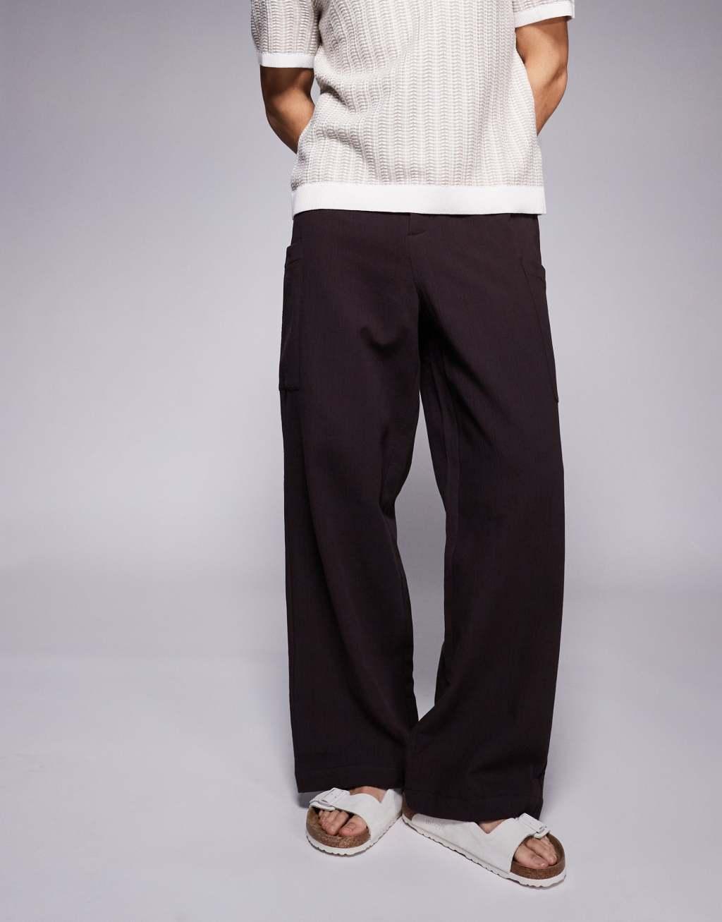 ASOS DESIGN oversized baggy linen look pants in brown Product Image