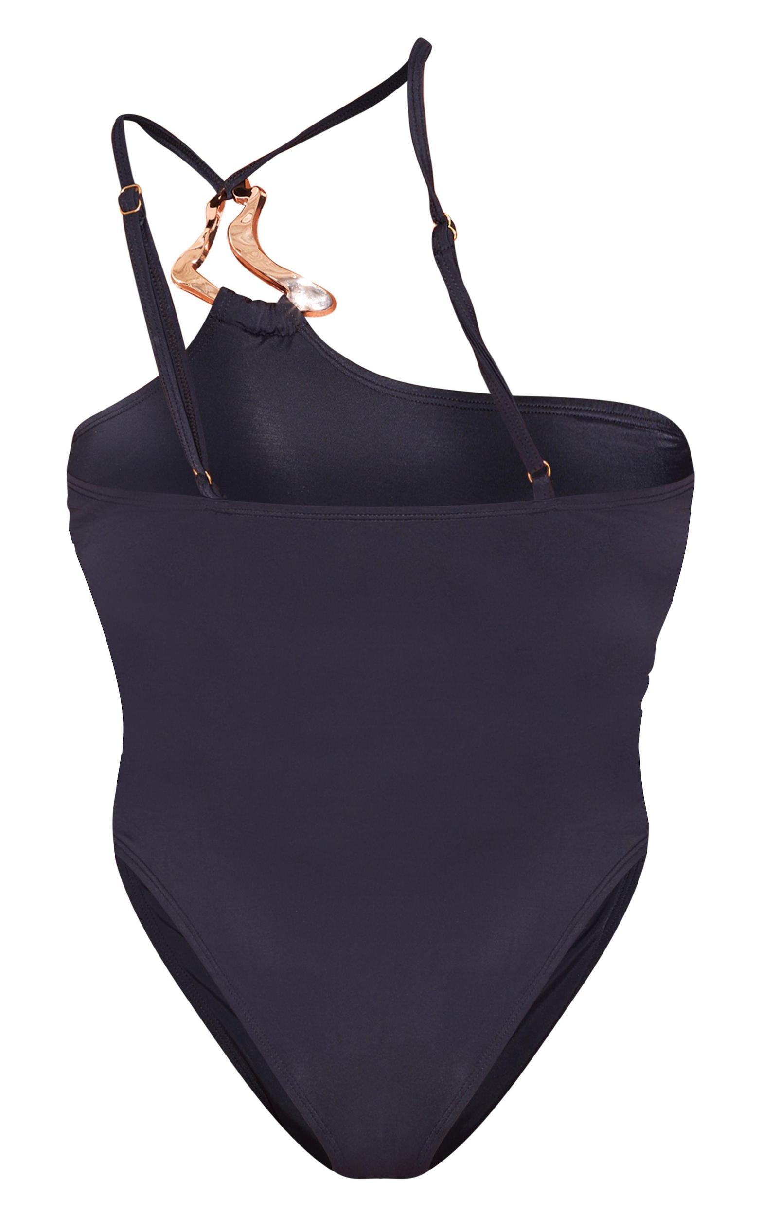 Plus Black Gold Trim Asymmetric Swimsuit Product Image