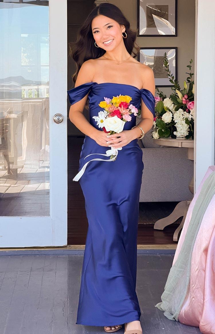 Ella Navy Off Shoulder Formal Maxi Dress Product Image