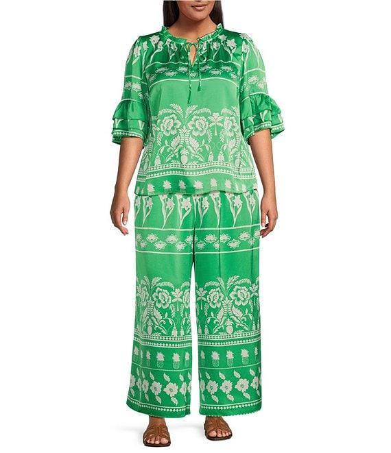 Sugarlips Plus Tropical Printed Smocked Waist Wide Leg Satin Coordinating Pants Product Image