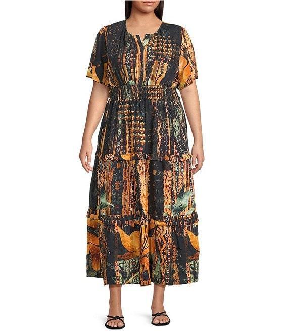 Calessa Plus Size Autumn Floral V-Neck Cap Flutter Sleeves Tiered Smocked Belt Midi Dress Product Image