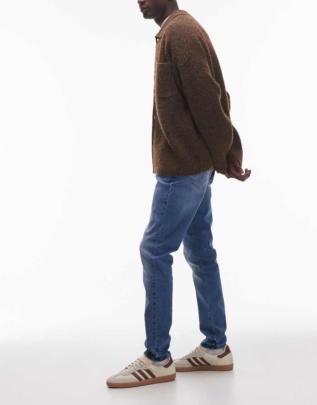 Topman stretch skinny jeans in mid wash blue Product Image