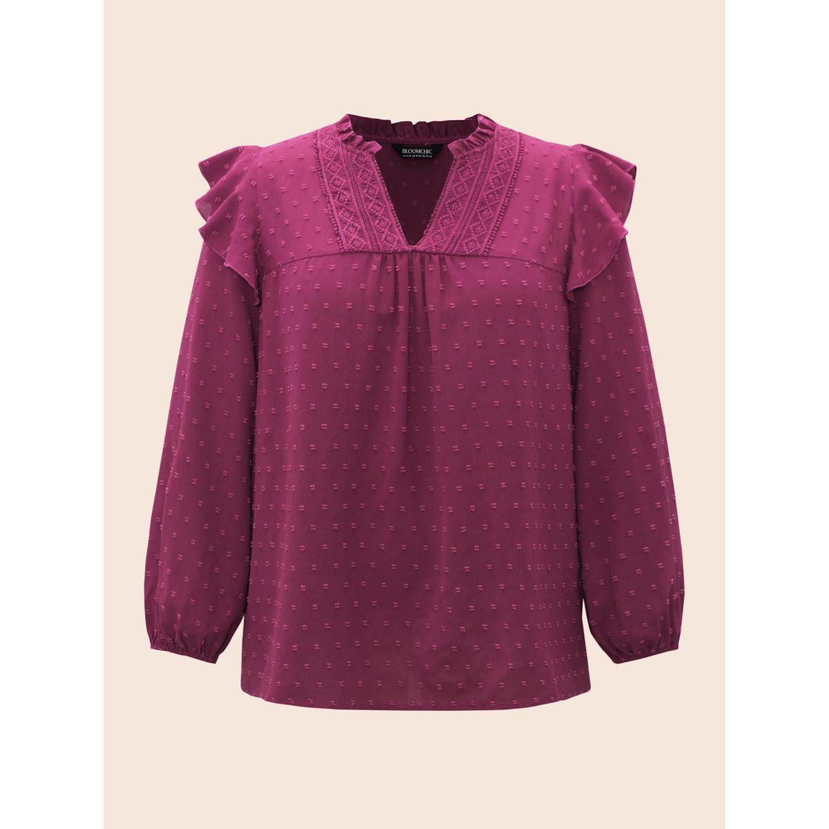 Plus Size RedViolet Texture Woven Ribbon Patchwork Ruffles Blouse Women Elegant Long Sleeve Flat collar with V-notch Everyday Blouses BloomChic 10/M Product Image