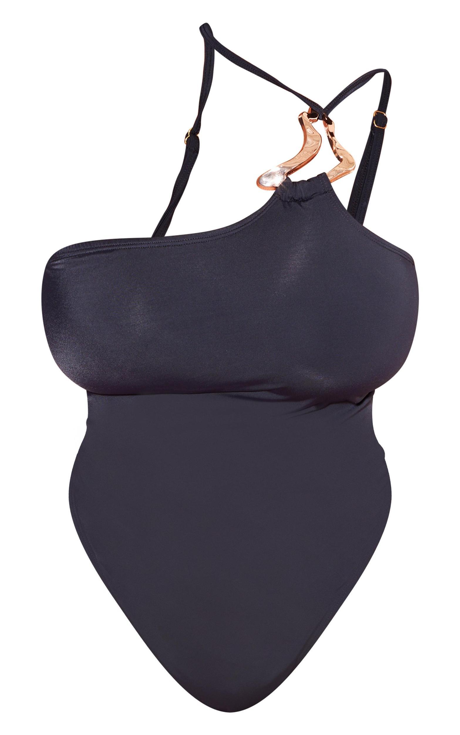 Plus Black Gold Trim Asymmetric Swimsuit Product Image