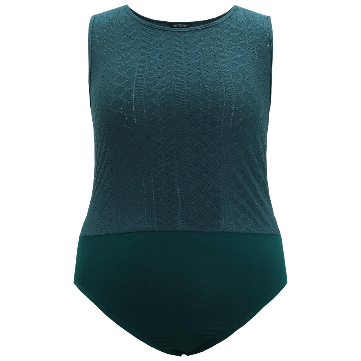 Plus Size Plain Patchwork Broderie Anglaise Tank Bodysuit Women Cyan Plain Broderie anglaise Bodysuits BloomChic 10/M Product Image