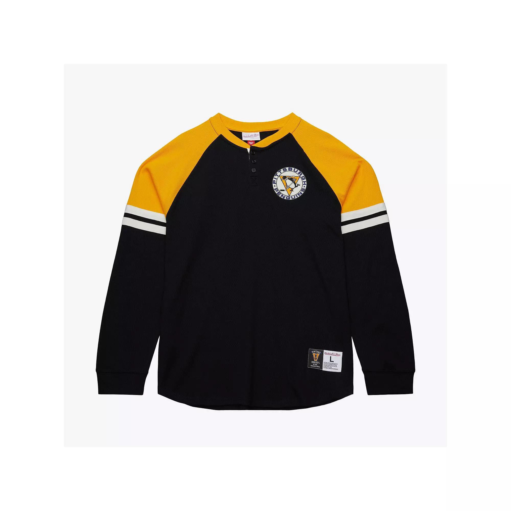 Men's Mitchell & Ness  Black Pittsburgh Penguins Thermal Henley Long Sleeve T-Shirt, Size: Large Product Image
