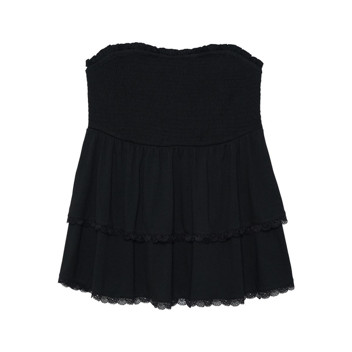 Plus Size Solid Frill Trim Shirred Lace Ruffle Layered Tank Top Women Black Elegant Frill Trim One-shoulder neck Dailywear Tank Tops Camis BloomChic 12/L Product Image
