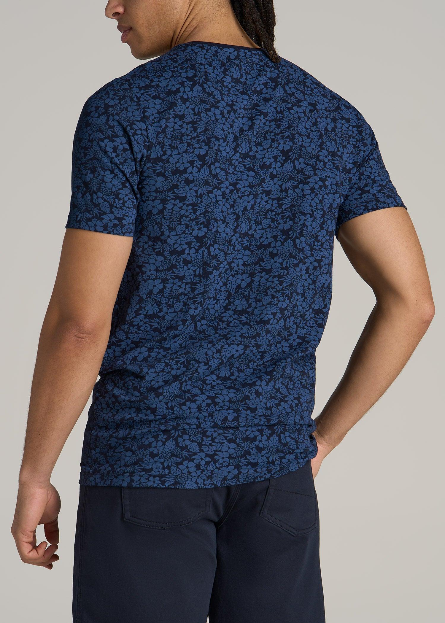 Stretch Pima Cotton Printed Tee for Tall Men in Blue Hibiscus Male Product Image