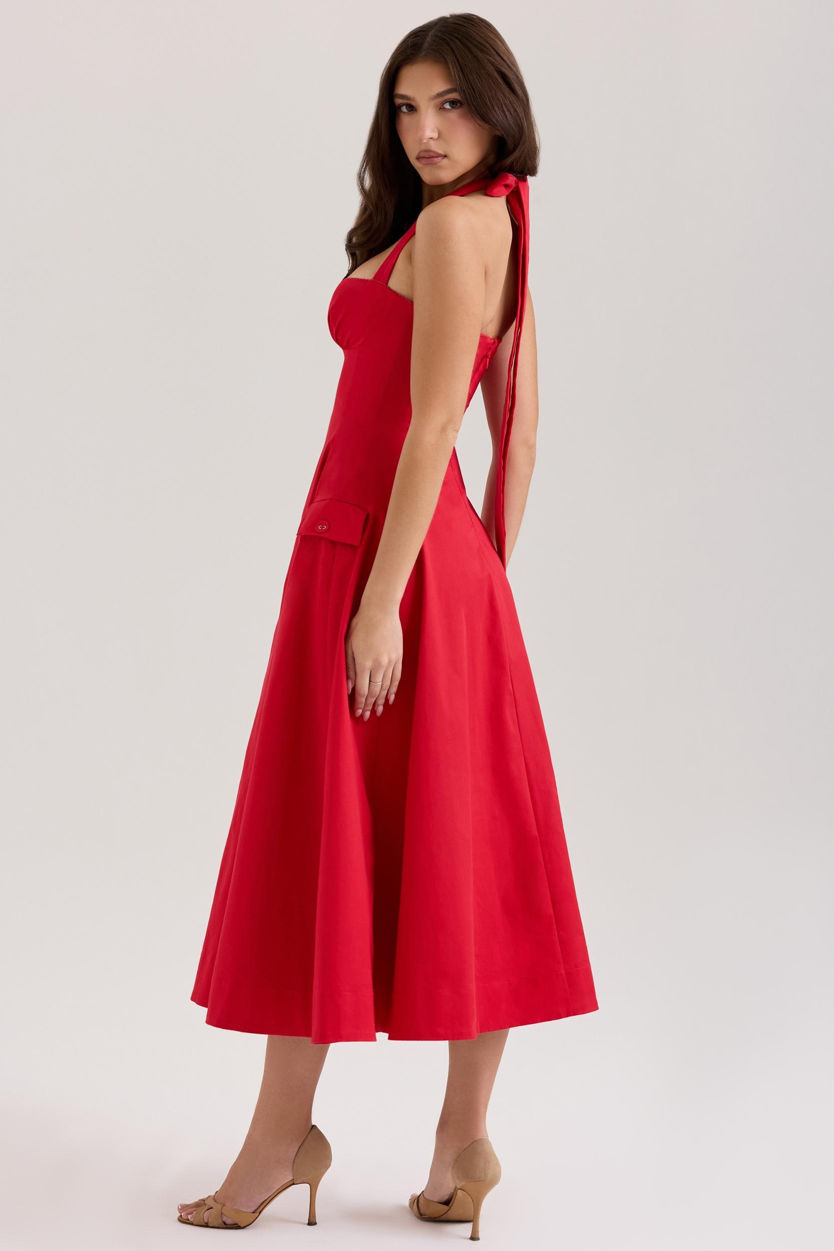 Claudia  red stretch cotton button halter neck midi dress Product Image