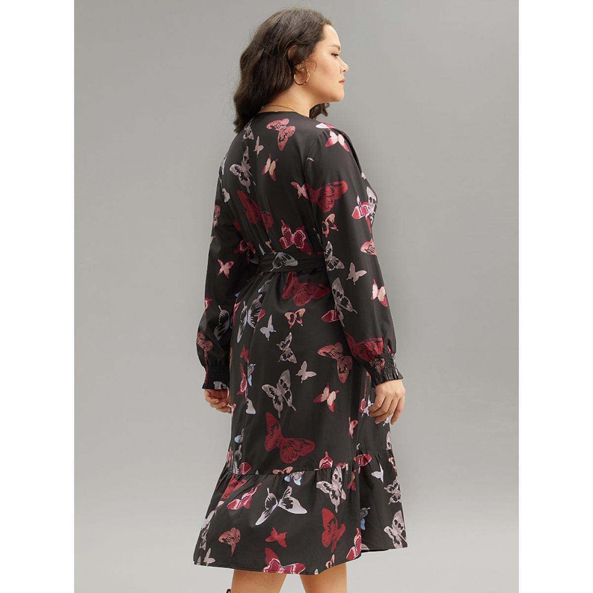 Plus Size Butterfly Print Shirred Belted Layered Dress Black Women Elegant Belted V-neck Long Sleeve Curvy Midi Dress BloomChic 18-20/2X Product Image