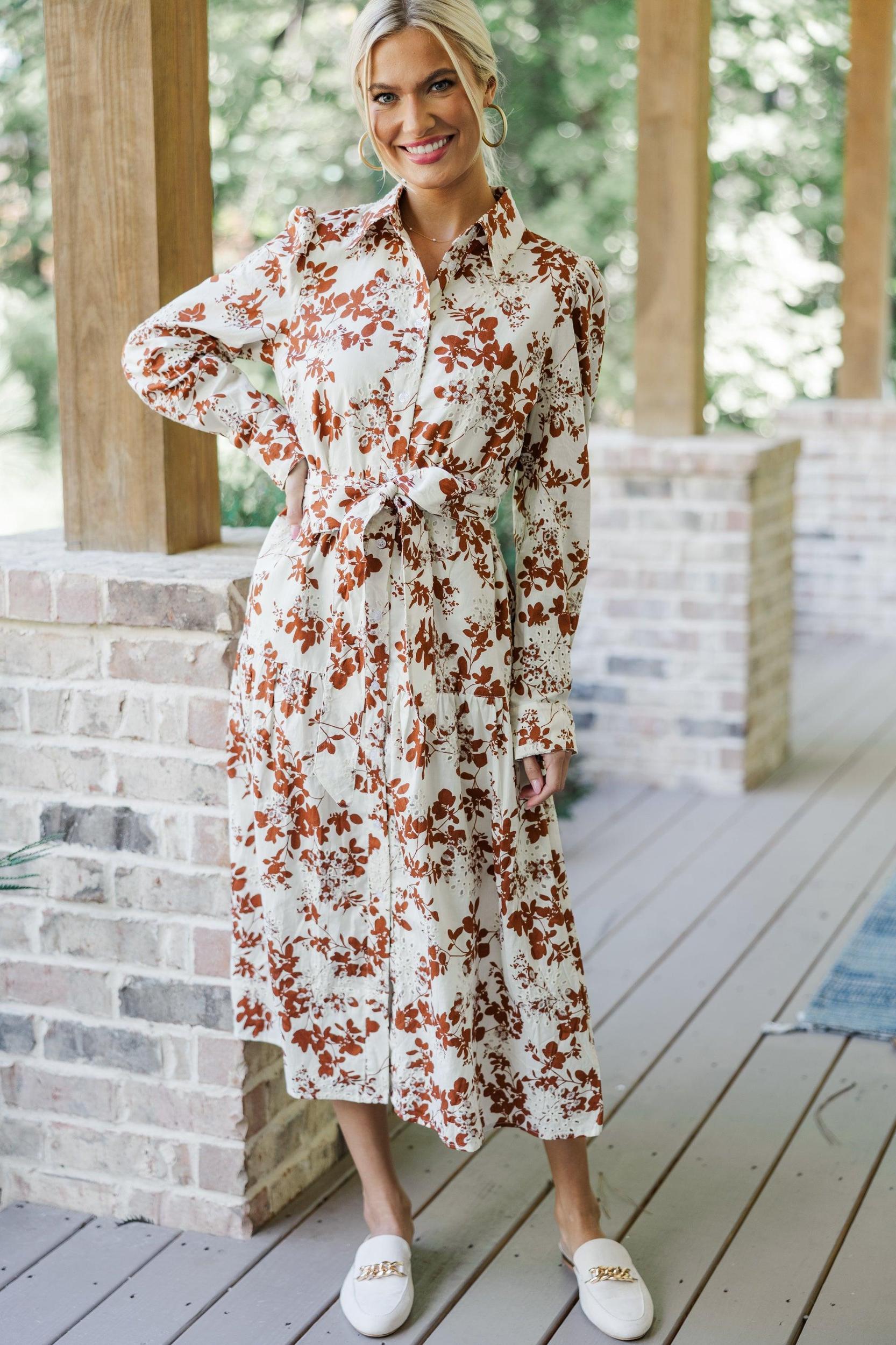 Fate: On Call Ivory/Brown Floral Midi Dress Female Product Image