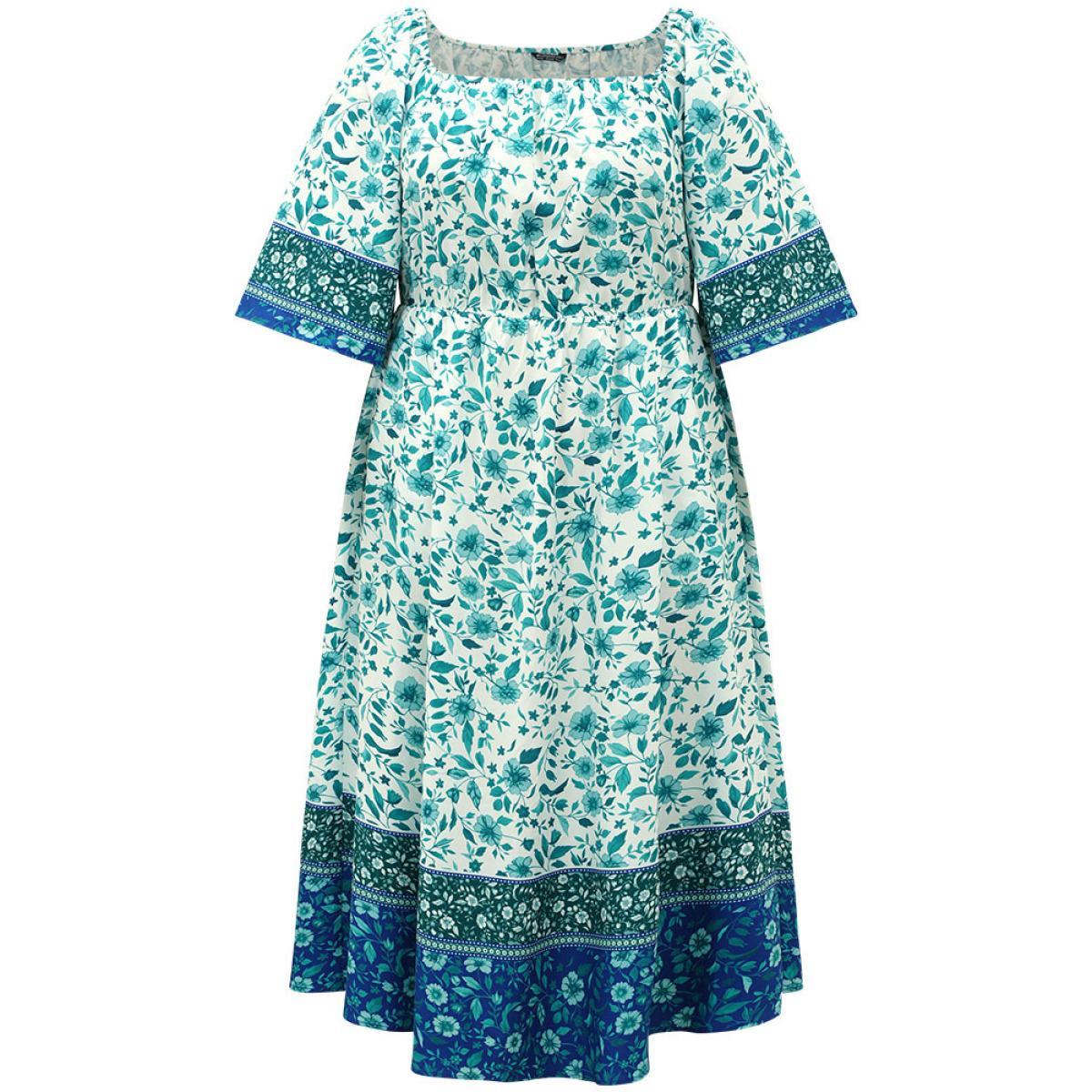 Plus Size Floral Print Patchwork Square Neck Raglan Sleeve Dress Emerald Women Vacation Gathered Square Neck Half Sleeve Curvy Midi Dress BloomChic 12/L Product Image
