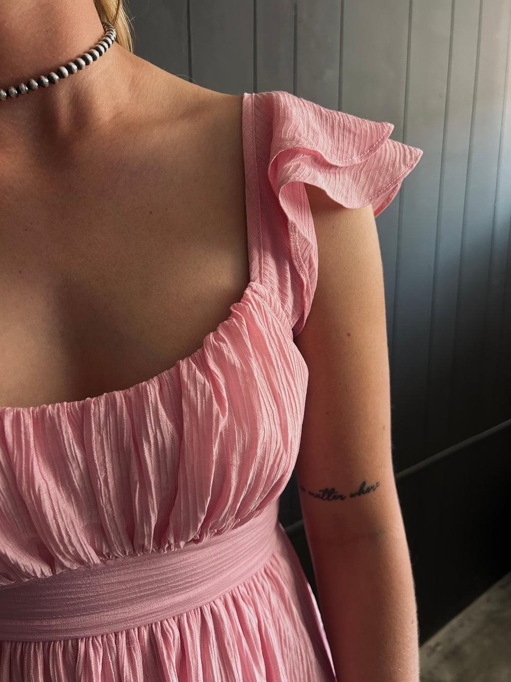 Pink Ruffled Sleeve Back Tie Mini Dress Product Image