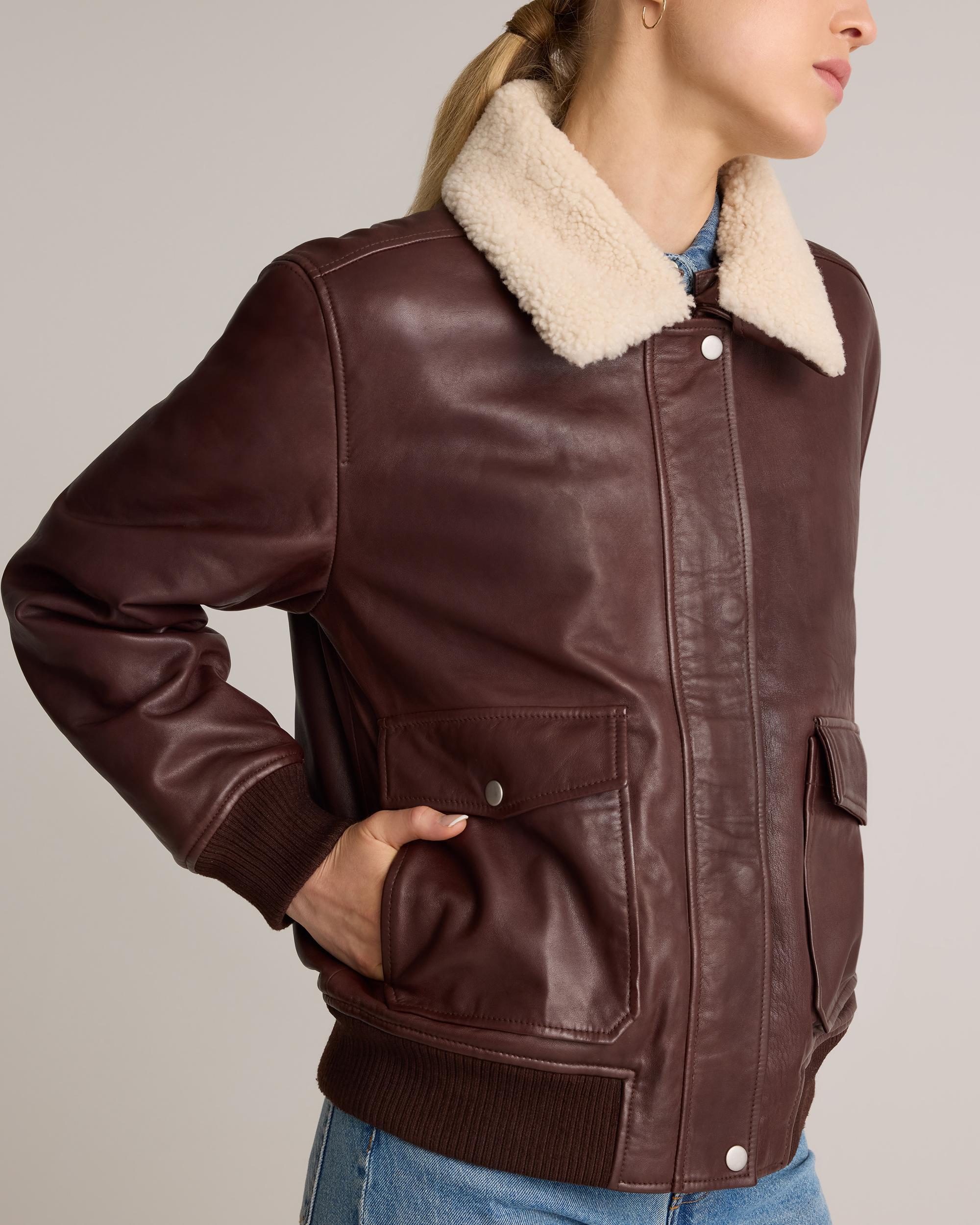 Quince | Women's Shearling Trim Aviator Jacket Size XL, Leather Product Image