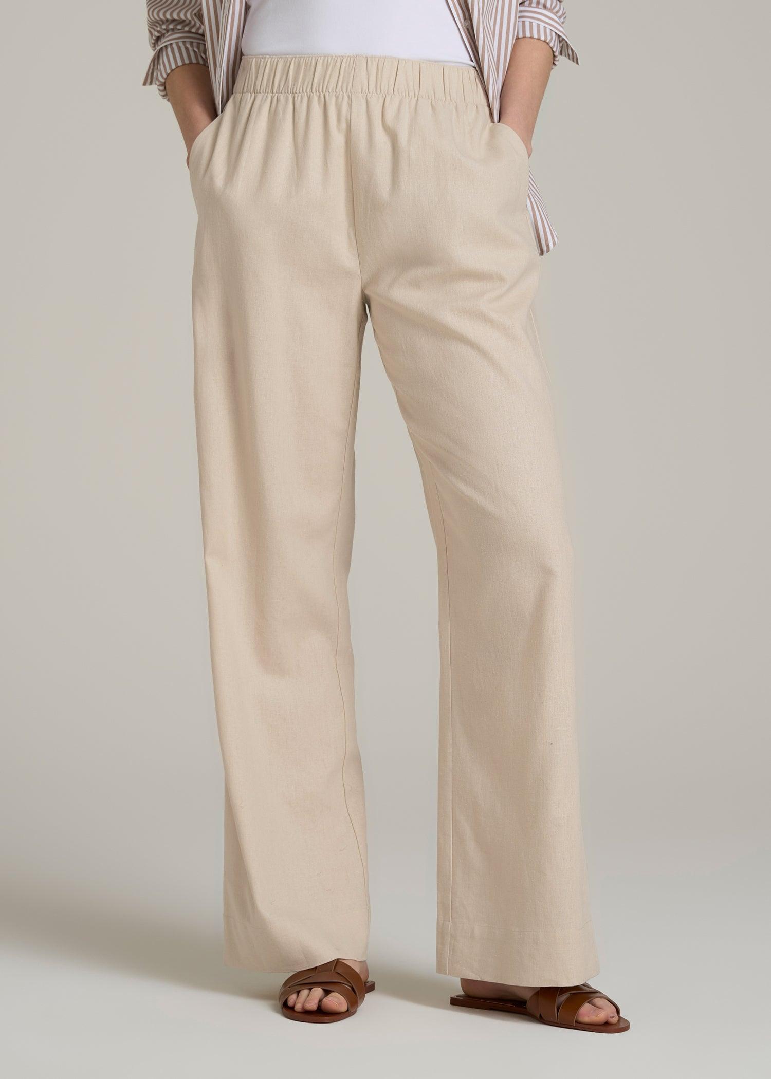 Pull On Wide Leg Linen Pants for Tall Women in Light Stone Product Image