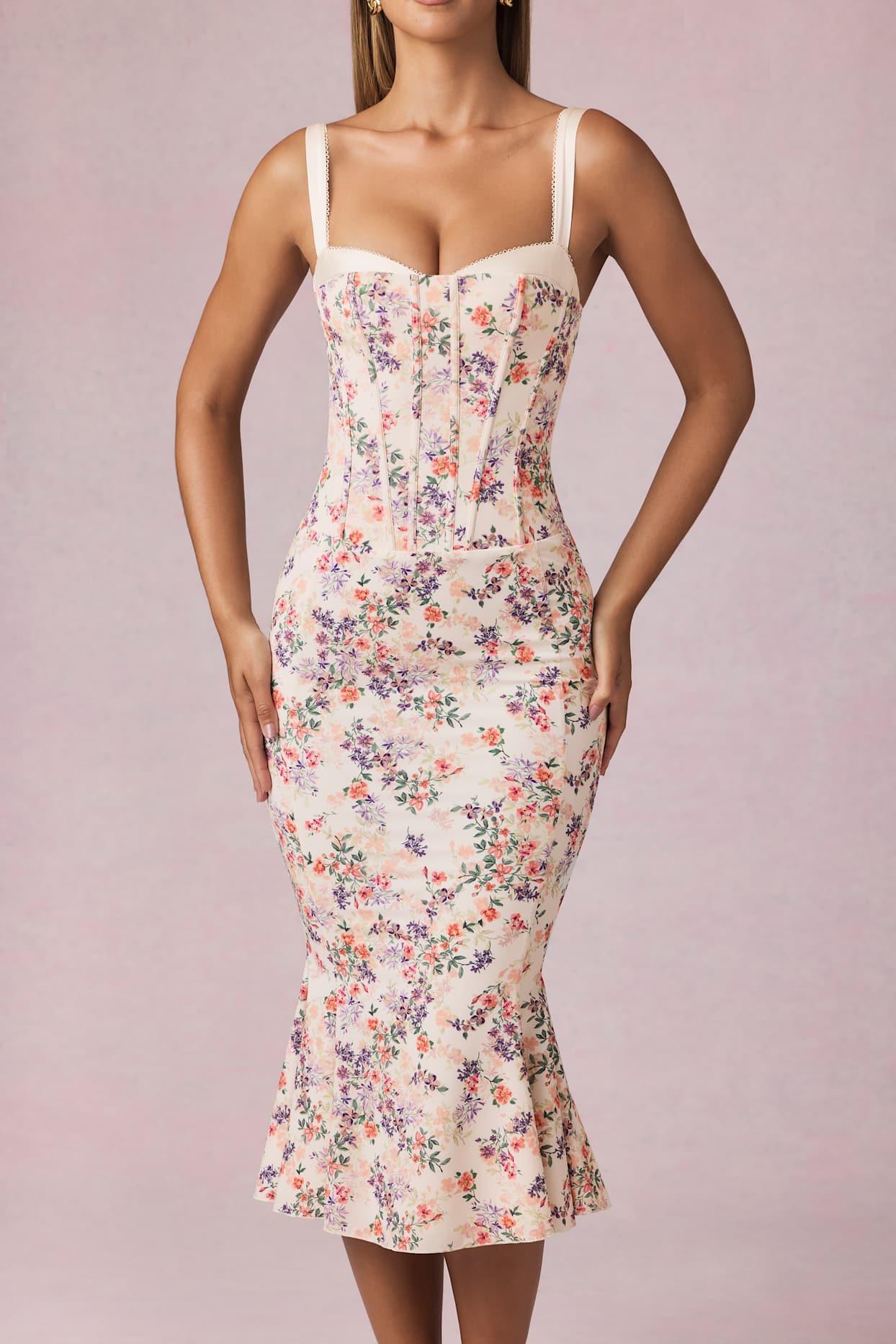 Layered Bra-Detail Fishtail Midaxi Dress in Primrose Floral Print Product Image