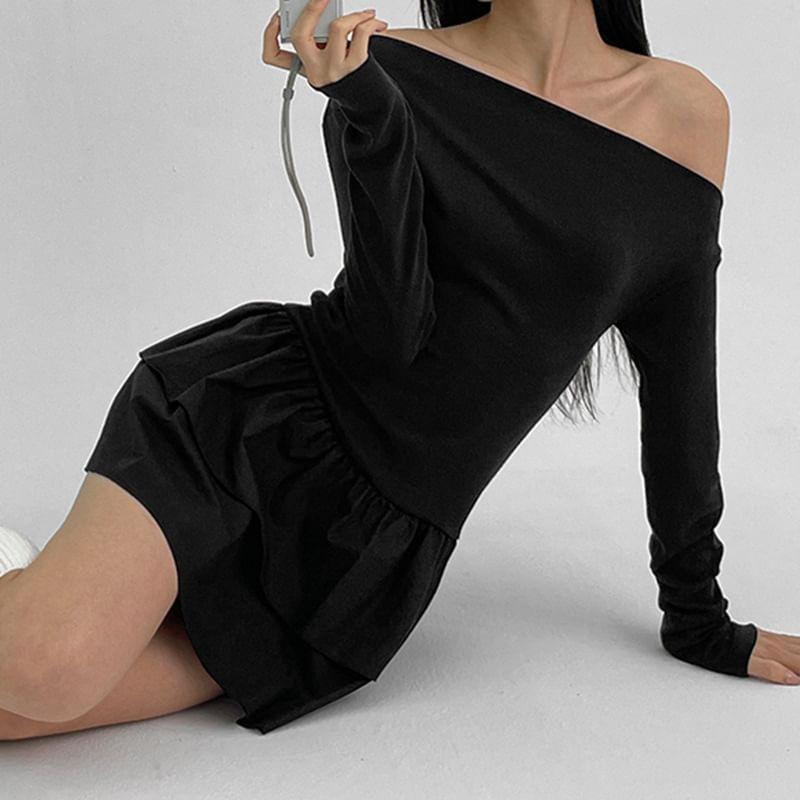 Long-Sleeve Off Shoulder Plain Mini A-Line Dress Product Image