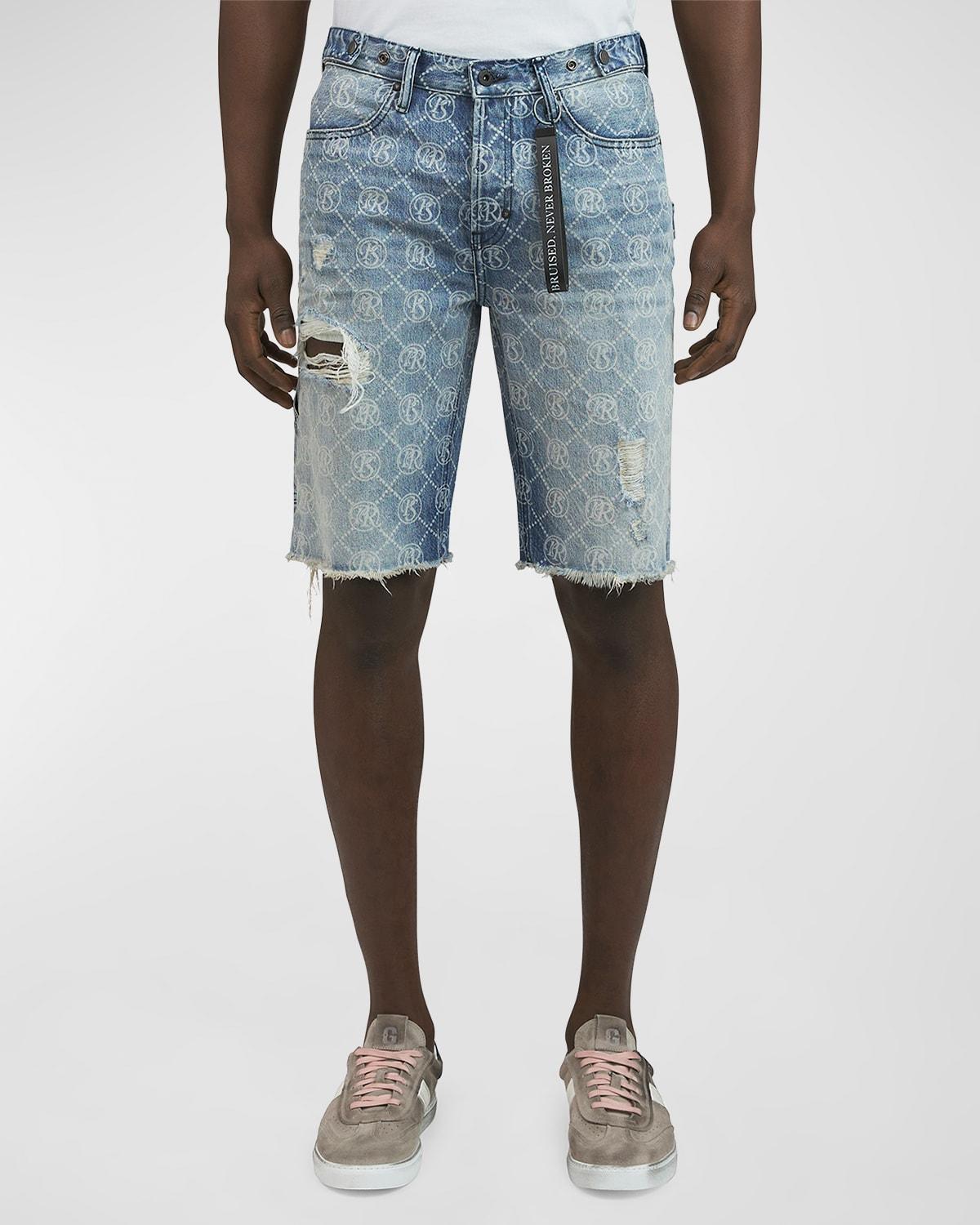 Men's Logo Stamped Distressed Denim Shorts  Product Image