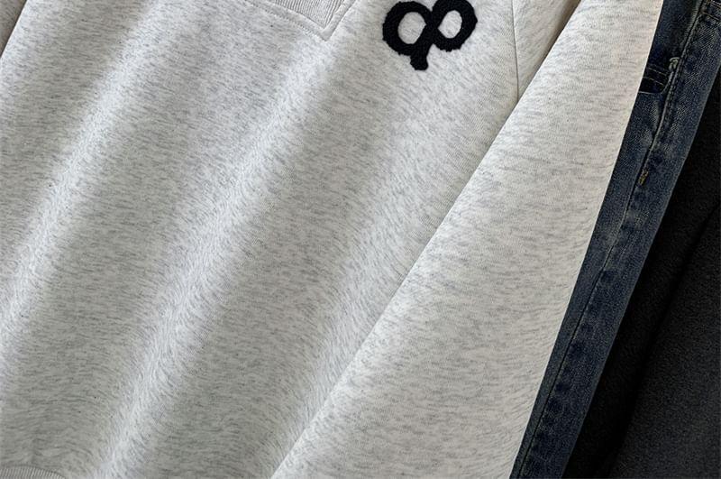 Long Sleeve Half-Zip Embroidered Plain Loose-Fit Pullover Product Image