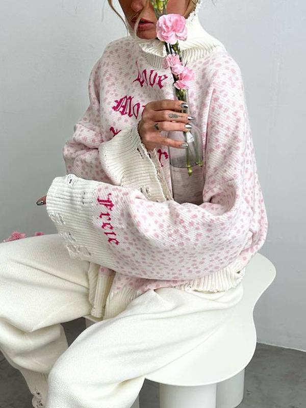 Letter Jacquard Tattered Design Baggy Sweater Product Image