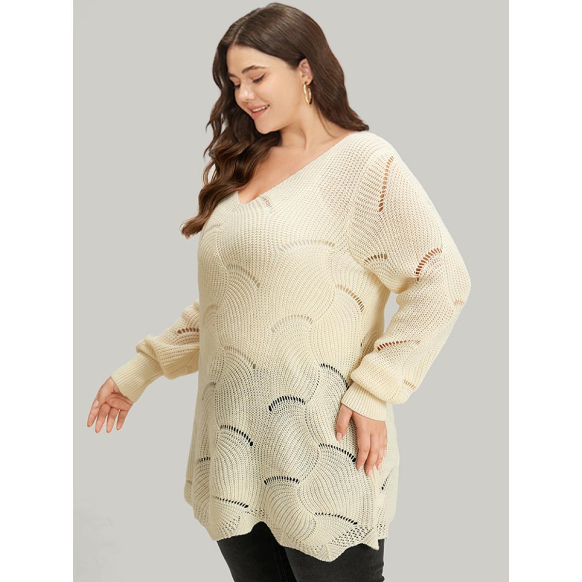 Plus Size Hollow Out Asymmetrical Hem Pullover Apricot Women Casual Loose Long Sleeve V-neck Dailywear Pullovers BloomChic 10/M Product Image