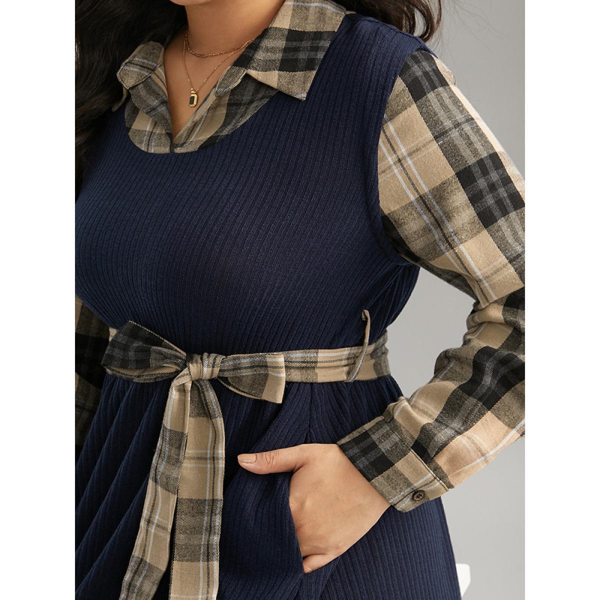 Plus Size Plaid Patchwork Rib Knit Shirt Collar Belted Dress Indigo Women Office Printed Shirt collar Long Sleeve Curvy Midi Dress BloomChic 22-24/3X Product Image