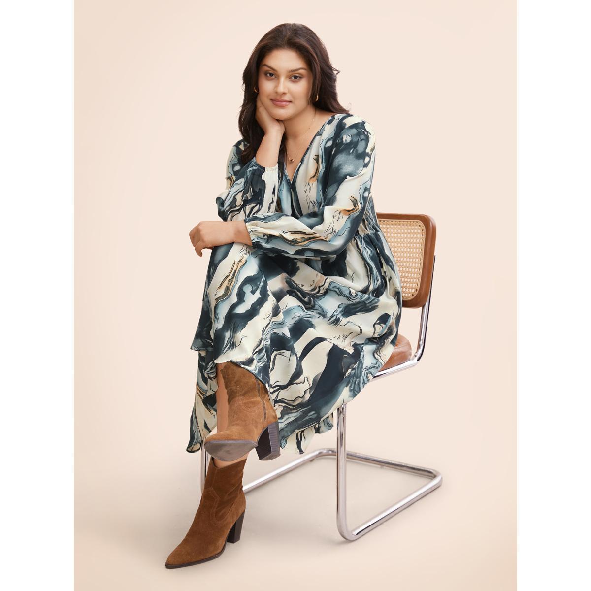 Plus Size Watercolor Floral Overlap Collar Midi Dress Aegean Women Elegant Gathered Overlap Collar Long Sleeve Curvy BloomChic 26/4X Product Image