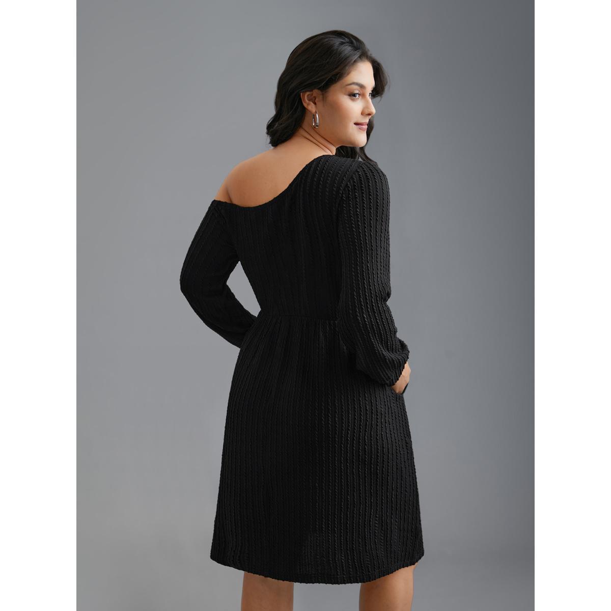 Plus Size One Shoulder Plain Textured Dress Black Women Casual Texture Knit Dresses Bloomchic 26/4X Product Image