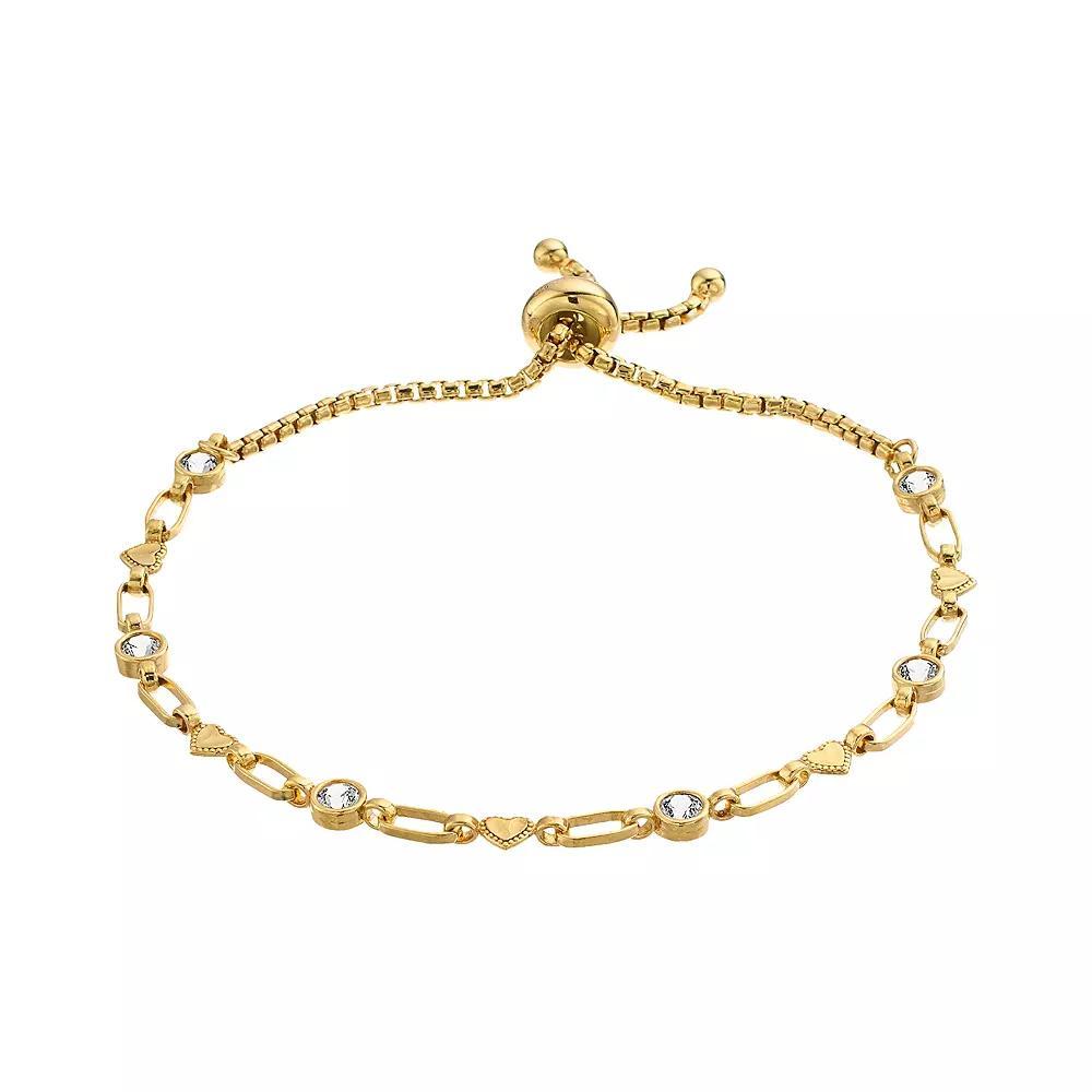 Kristen Kesho Sterling Silver Lab-Created White Sapphire & Heart Link Adjustable Bolo Bracelet, Women's, Size: 9.50, Gold Tone Product Image