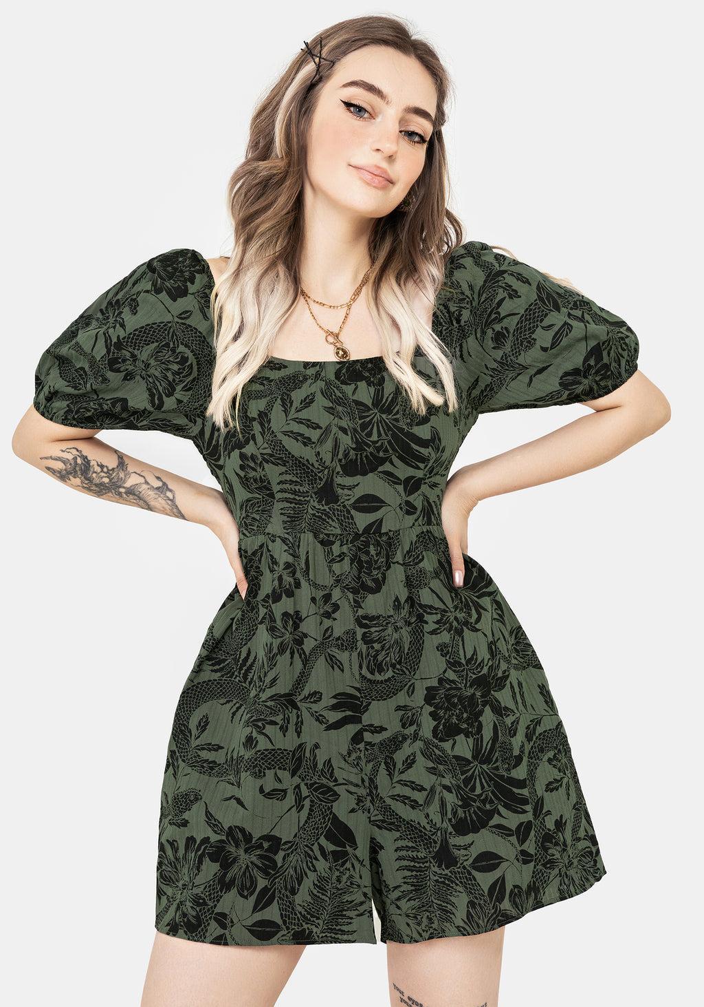 Bashe Cotton Puff Sleeve Playsuit - Green Product Image