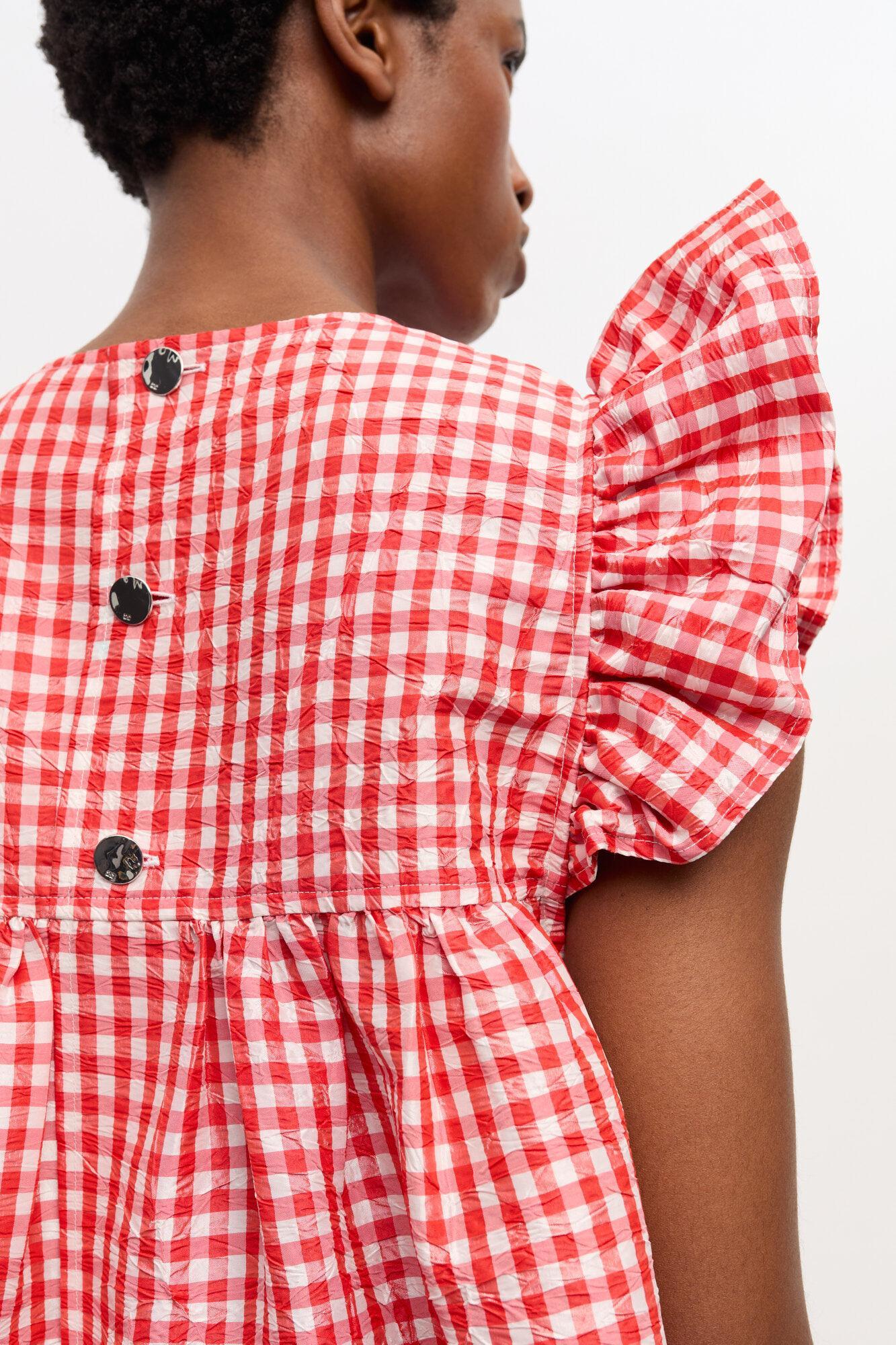 Red Crinkled Check Taffeta Dress Product Image